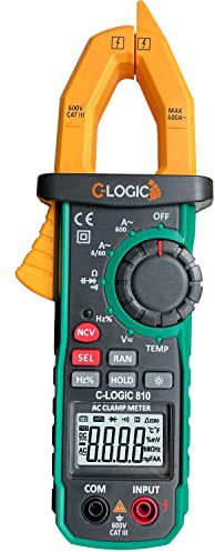 C-LOGIC 810 Pinza Amperimétrica Digital Profesional 6000 Cuentas NCV y Luz de Trabajo Tensión AC/DC 600V Corriente AC 600A Resistencia Capacitancia Frecuencia Temperatura Apertura 26mm. CAT III