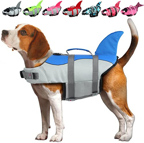 EMUST Gilet de Sauvetage pour Chien Requin, Gilet de Sauvetage pour Chien avec poignée de Sauvetage pour Petits, Moyens et Grands Chiens, pour la Piscine, la Plage et Le Bateau (XS, Le Bleu)