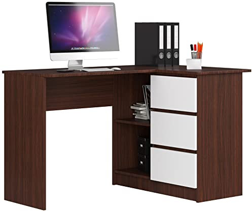 AKORD Eckschreibtisch mit Regal und 3 Schubladen | Schreibtisch | ecktisch | Eck Schreibtisch für Home Office | Einfache Montage | Wenge & Weiß Front