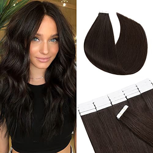 SEGO Tape Echthaar Extension Haarverlängerung Invisible Seamless Haarteile Skin Weft Menschenhaarverlängerung Klebestreifen 50 cm (20 Stück) Dunkelbraun#2