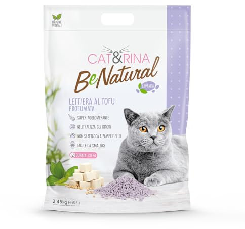 Cat&Rina BeNatural, lettiera per gatti al tofu da 5,5l. Lettiera gatto agglomerante vegetale. Fino a 30 giorni di utilizzo. Si smaltisce nell'organico o nel wc. Sabbia gatti anti odore alla Lavanda.