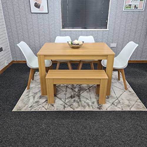 KOSY KOALA Kitchen Dining Table, 4 White Chairs And 1 Bench Padded Cushioned Seats Chairs Oak Effect Wood Table Set 6 (140x80x75cm)