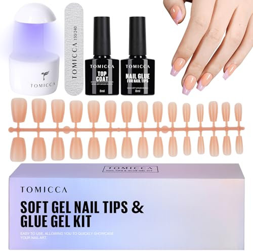 TOMICCA Soft Gel Nail Tips Kit Gel Nägel Glue Set, Top Coat und Nail Glue Gel, 180 Stück Kurz Ballerina Nägel Tips, Mini UV Lampe Nägel Buffer/Feile, Press on Nails Set mit Nagellampe, Nacktes Rosa