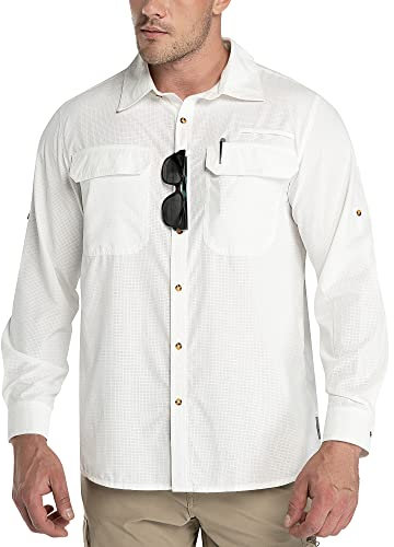 Outdoor Ventures Men's Long Sleeve Shirts UV Protection Outdoor Shirts Breathable Button-Down Shirt Wicking Quick Drying Safari Shirt with Pockets for Hiking Fishing Golfing, White, M