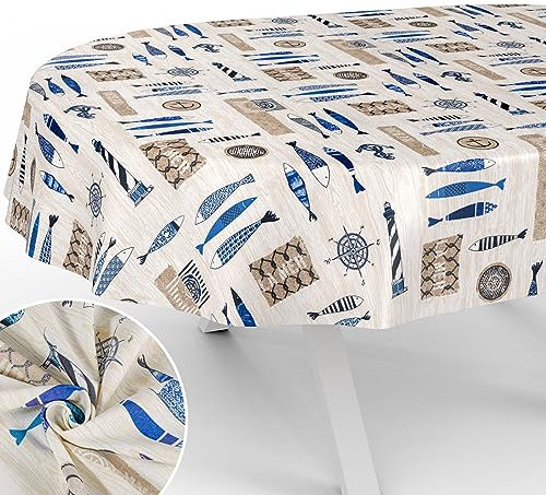 Stoff Tischdecke Tischwäsche Textil Tischtuch Baumwolle Polyester Gewebe abwaschbar pflegeleicht, in rund oval eckig Maritim Oval 220x140cm Schnittkante