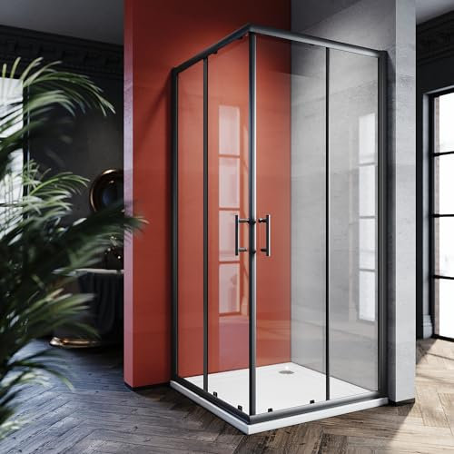 SONNI 80x80cm Duschkabine ohne duschtasse, Duschabtrennung Eckeinstieg Duschtür Schwarz Sicherheitsglas Schiebetür Eckdusche