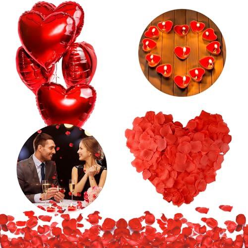 Romantic Candles and Petals Romantic Decoration Set Valentine's Day Decoration 50 Heart Shaped Candles 1000 Red Silk Rose Petals 5 Red Heart Balloons Wedding Decoration