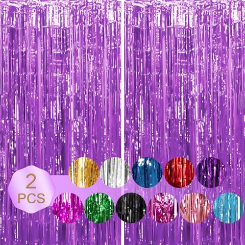 2 Stücke Lila Lametta Vorhang, Metallischer Fransenvorhänge 1x3m Folien Fransenvorhang zur Dekoration Hintergrund Luftschlangen für Party Happy Birthday Hochzeit Abschlussfeier Dekorationen