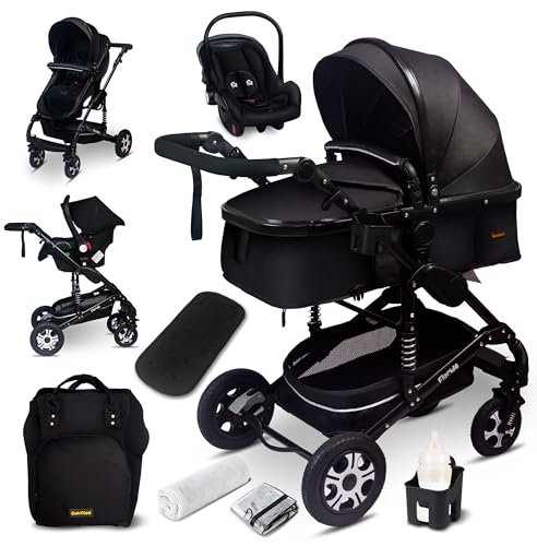 GaGaDumi Florida Kinderwagen 3 in 1 Komplettset mit Autositz - Baby Stroller TÜV - Kombikinderwagen Komplettset Voll-Gummireifen - Wickeltasche Schwarz/Schwarz