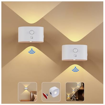 Feallive Wandleuchte Innen mit Bewegungsmelder, Wandlampe mit Akku mit Schalter Touch Control 3 Helligkeitsstufen, 360° drehbare, für Wohnzimmer TreppenhausFlur kabellose wandleuchten (Weiß) 2 Stück