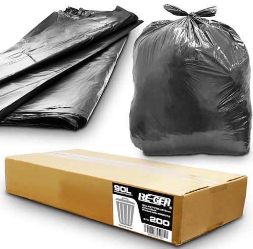 Box of 200 | RE-GEN 90L 5kg Load Black Bin Liners Refuse Sacks, Everyday Use, Industrial Quality Rubbish Bags 457/725 x 975mm