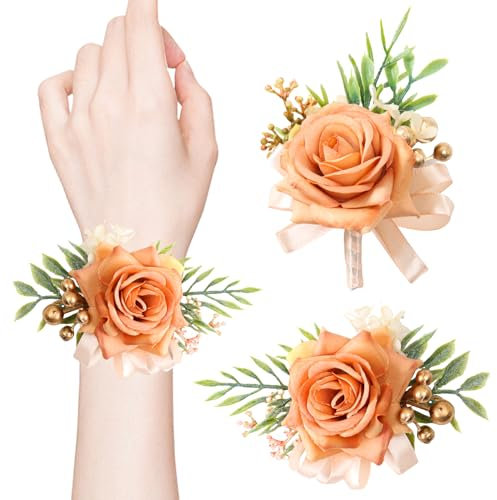 ZAGQIG Ansteckblume mit orangefarbenen Rosen, für Hochzeit, künstliche Blume, Abschlussball, Handgelenk, Ansteckblume und Ansteckblume für Herren, 2 Stück