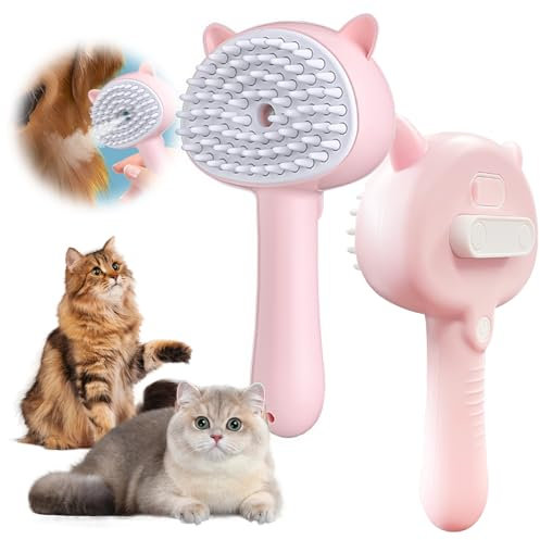 Pet Steam Spray Brush, 4-in-1 Steam Cat Brush with Handle, Rubber Pet Spray Brush, Rubber Pet Spray Brush with Release Button, Dog Comb with Longhair & Shorthair Cat & Dog Cleaner (Pink)