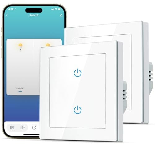 SMARTERCURRY Smart WLAN Lichtschalter 2 Fach 1 Weg Alexa Lichtschalter, gehärtetes Glas Touch Lichtschalter, Timing-Funktion, Weiß, Neutralleiter Erforderlich, 2 Stücke
