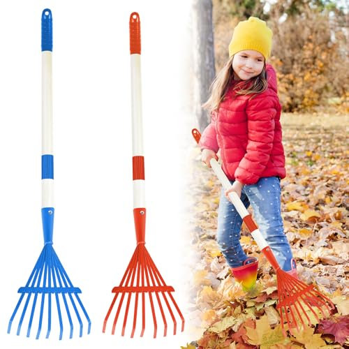 2PCS Kids Rakes for Leaves, 28 Child Size Garden Rake Childrens Lawn Rake Toddler Leaf Rake Blue Red Plastic Head Kid Yard Rakes with Detachable Hardwood Handle Great Gardening Tools for Boy Girl