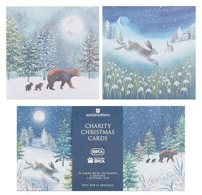 Box Of 10 RSPCA Charity Hare & Bears Christmas Cards In 2 Designs