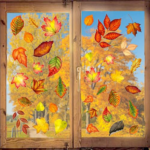 MORAINJAY 9 Blätter Herbst-Ahornblatt-Fensteraufkleber, Beidseitig bedruckte Herbstdekore, Glas-Dekosticker für Erntedankfest und festliche Herbstdekorationen