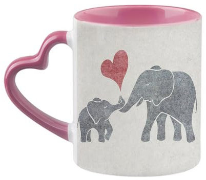 Giftme Heart Baby Elephant and Mum Elephant, 11oz Heart Handle Cup, Coffee, Tea Mug. (Pink)