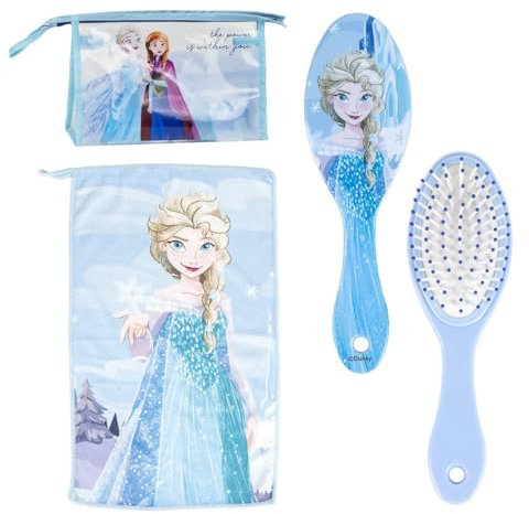 Disney Frozen, set di articoli da toeletta da viaggio per bambini, include borsa da toilette con targhetta per nome, asciugamano in morbida microfibra e spazzola districante per capelli, regalo carino