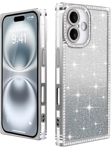 Urarssa for iPhone 16 Case Glitter, Rectangle Edge Design, Silver