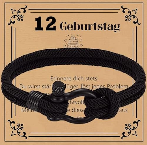 Geschenk für 12 Jährigen Jungen - Geburtstags-Armband für Jungen, Schwarz Geflochtenes Seil mit Verschluss