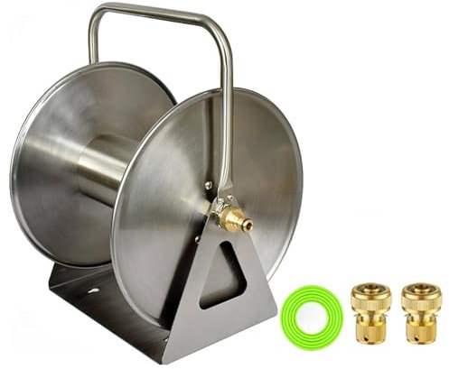 Schlauchtrommel aus Edelstahl, professionelle Schlauchtrommel aus Metall, Schlauchtrommel mit 3/4-Zoll-Schlauchkapazität und Schlauch, für Hof, Garten, Bauernhof und Terrasse zur ordentlichen Schlau