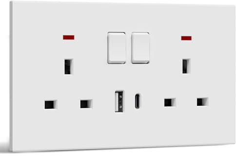 BSEED Double Socket with USB C, Electrical Double Switched Power Plug Wall Socket with LED Indicator, PC Wall Plate Outlet, White, 13A