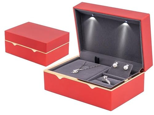 LED Schmuckbox – Aufbewahrungsbox für Armband, Ring & Halskette – Schmuckkästchen mit Licht und Samt-Innenfutter – Elegante Geschenkbox für Hochzeit, Geburtstag, Valentinstag, Weihnachten (Rot)