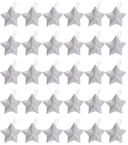 TEHAUX 30pcs Silver Glitter Star Ornaments - Christmas Tree Hanging Ornaments 3d Mini Star Xmas Decoration - Holiday Party Festive Decor Silver