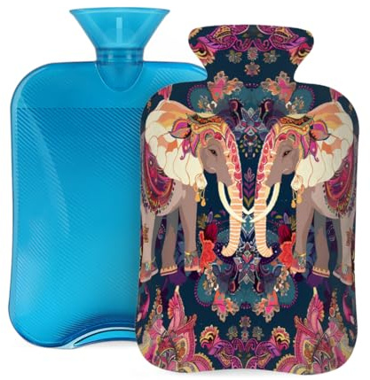 Mexpekil Ethnic Mandala Flower Elephant Hot Water Bottle with Cover, 2L PVC Hot Water Bag for Pain Relief, Feet, Back, Warmth