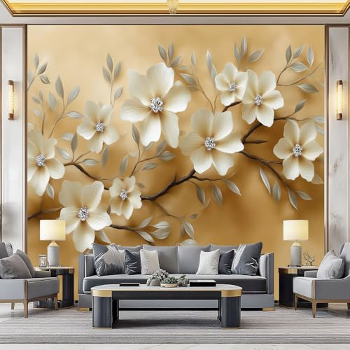 WHUOEUCO Papier Peint Fleurs Blanches Motif 3D 350x256 cm Papier Peint Panoramique Effet 3D, Peinture Murale intissé Grande, pour Moderne Salon Chambre TV Fond
