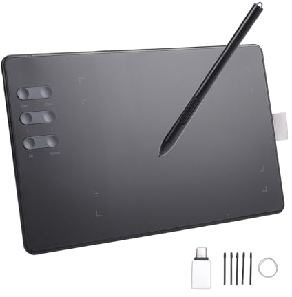 Horett Grafik-Zeichentablett 4,49 X 6,81 Zoll Zeichenbereich mit 16384 Druckstufen 6 Tastenkombinationen 5 Stiftspitzen OTG-Adapter für Win/MAC/Android Kompatibel