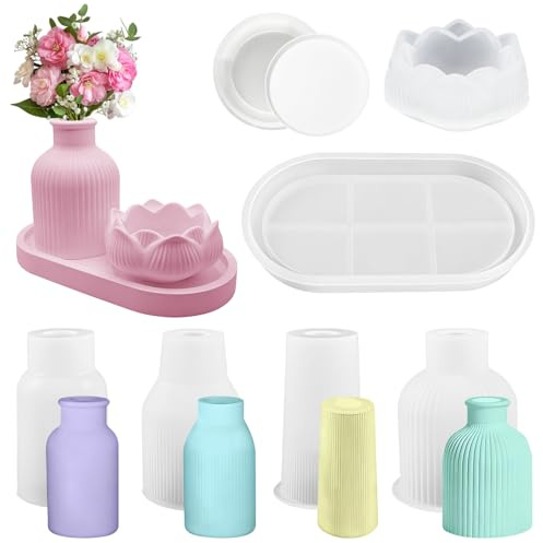 Euablfo 7 Stück Vase Silikonform,Silikonformen Gießformen Vases,4 Vase+2 Tablett+1 Lotusbasis,Handgemachtes DIY Silikonformen, Vases Set Formen für DIY Handwerk Home Dekor Ostern