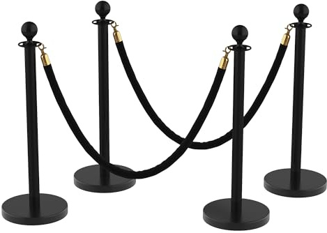 GarveeTech 4er Absperrpfosten Edelstahl Kugelkopf VIP Leitsystem Schwarz | Inkl. Seile; Rostfrei; Schwere Basis; Hochzeit & Party; Dekorativ; Einfache Montage; Stabil; Museum; Kino; Wetterfest; Sicher