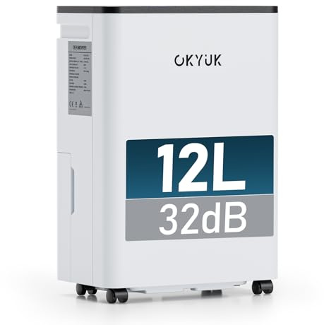 OKYUK Deumidificatore 12 litri/giorno, adatto per ambienti di circa 90 metri cubi (30 metri quadrati), Deumidificatore casa muffa, sbrinamento automatico, 32 dB, refrigerante R290, PD12R-03DE