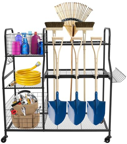 Aufbewahrungsregal für Gartengeräte aus Kohlenstoffstahl, Freistehend mit 4 Universalrollen, Für Garage Keller und Garten, Tragfähigkeit ca. 40 kg