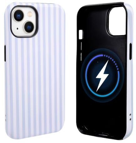 NITITOP for iPhone 14 Plu /15 Plus Case Cute Magnetic Striped Design,Blue | for Women Girls Men, Vertical Stripe Design, Compatible with MagSafe, Matte Hybrid 2 Layers, Hard PC Back Shockproof Cover