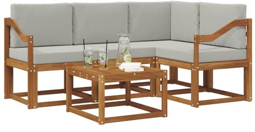 vidaXL Outdoor-Sofagarnitur mit Kissen 5 pcs Natürlich und Hellgrau, Garten-Sofa-Set, Moderne Outdoormöbel, langlebige Lounge für die Terrasse, Bequeme Sitzgruppe