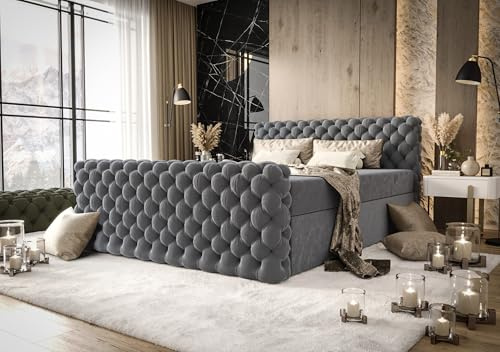 B&B HOME Boxspringbett Figo IV im Chesterfield-Stil, mit Zwei Bettkästen, Multipocket-Matratze und Topper (Grau, 200 cm x 200 cm)