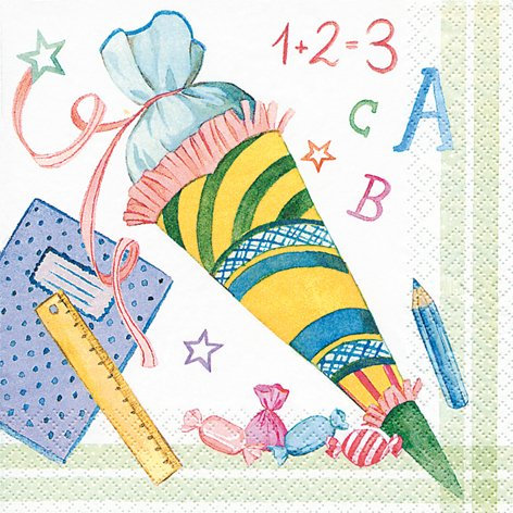 20 Servietten Einschulung Deko mit Schultüte zur Einschulung Junge und Mädchen. Servietten Schulanfang mit Schultüte, ABC + 1+2=3 für Schulkind zur Schuleinführung Tischdeko dezent 33x33cm