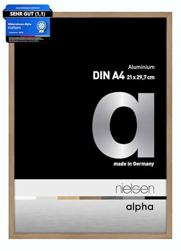nielsen Bilderrahmen, 21 x 29,7 cm (A4), Aluminium, Eiche, Dokumentenrahmen zum Aufhängen im Hoch- & Querformat, Echtglas, Alpha