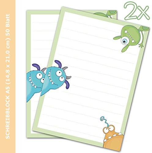 2 x Schreibblock MONSTER DIN A5 liniert 50 Blatt / für Briefe, Briefpapier mit kleinen Monstern / Briefpapier Kinder