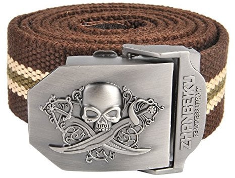 FALETO Herren Militär Gürtel Stoffgürtel mit Schädel Totenkopf Schnalle Leinwand Canvas Jeansgürtel Belts 140cm + Original Geschenkbox (Kaffee Streifen)