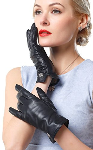 NappaNovum Damen Italienische Lederhandschuhe Lammfell Winter Komfort Handschuhe (Touchscreen oder Nicht-Touchscreen), Schwarz, Small