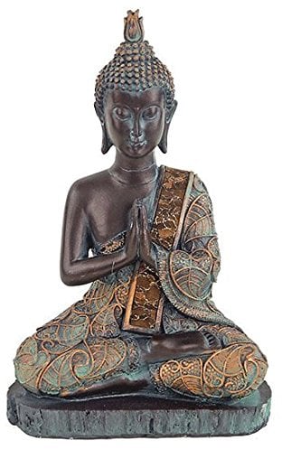 GerichteKeuze Sitzender thailändischer Meditation Buddha mit einem wunderschönen Bodhi-Baum-Gewand. 23 cm Antik Finish