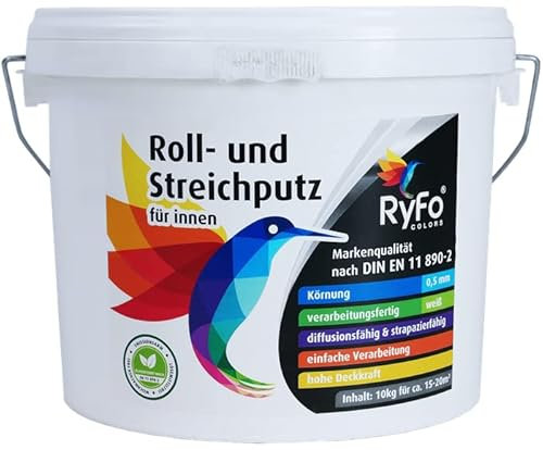 RyFo Colors Roll- und Streichputz für innen 10kg (Größe wählbar) - Rollputz für den Innen-Bereich, strahlend weiß mit edler feinkörniger Struktur, einfachste Verarbeitung