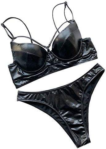 Damen Leder Bikini Set Lackleder Spaghettiträger Push Up BH Bustier Verband High Cut Frauen Zweiteiliger Bademode mit Bikinihose Strandmode L Schwarz 717545 (Damen Zweiteiliger Bademode mit Slip Sex)