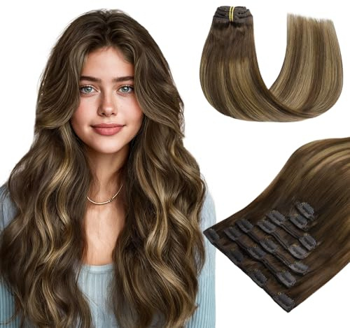 hotbanana Clip In Extensions Echthaar 45cm Haarverlängerung 120g 7 Stück | Schokoladenbraun bis Karamellblond Unsichtbar Remy Echthaar, Doppelschuss, Leicht zu Tragen, für Alltag und Styling Bereich