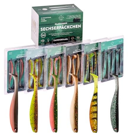 Zanderfang Glasaugen Gummifisch Set 9 cm – 30 Gummiköder in 6 Farben – Softbaits mit Fischaroma für Zander, Barsch, Hecht – Kunstköder Angelköder zum Dropshotten & Jiggen
