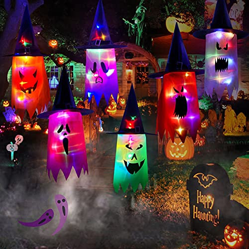 DriSubt 6 x Halloween-Dekorationen, Party-Dekorationen, leuchtende Hexe, Dekoration, gruseliger Geist, zum Aufhängen, beleuchtet, leuchtender Geist, Halloween-Baumschmuck für Garten